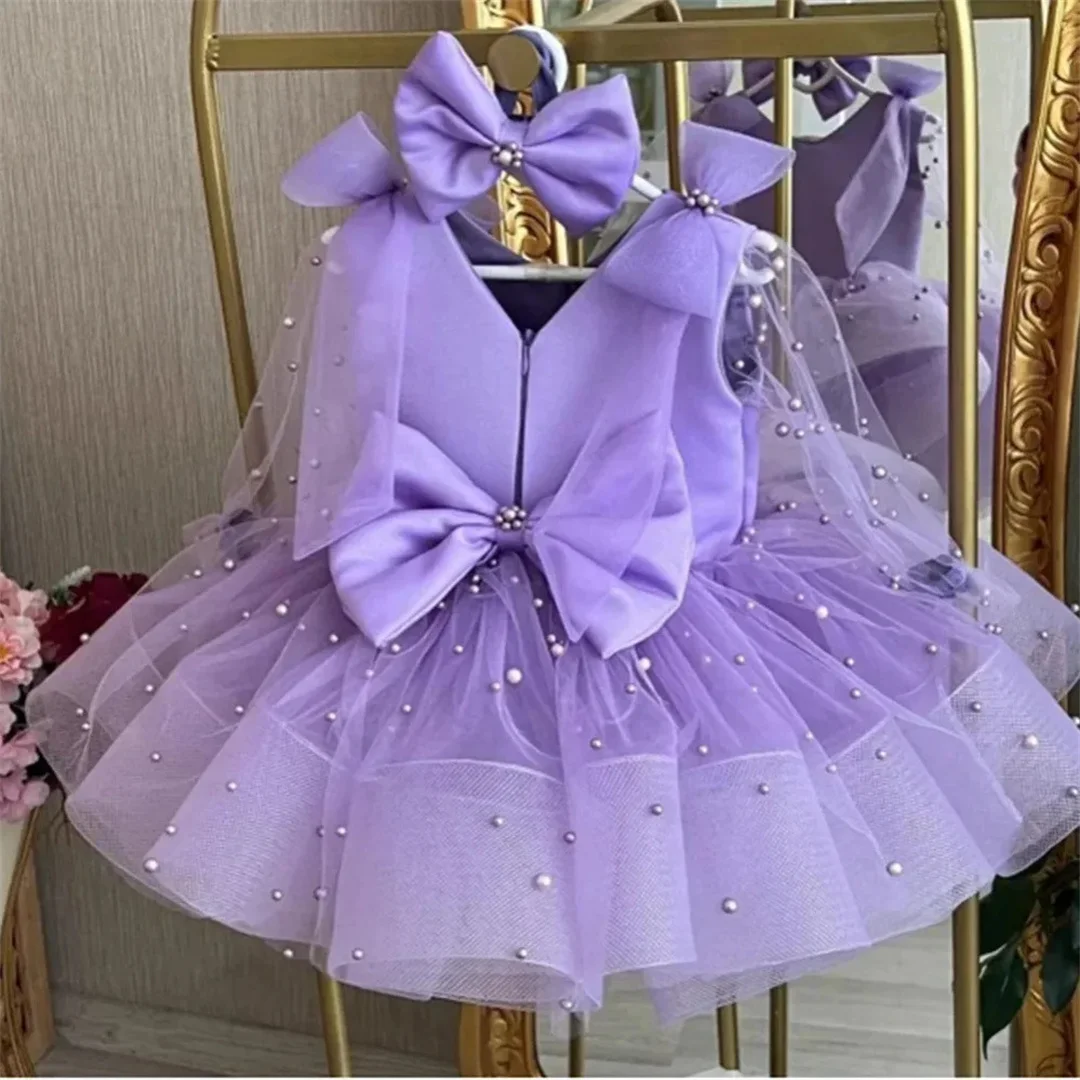 Girls Cute Beading Bow Design Birthday Princess Ball Gown Children Fashion Wedding Host Piano Performance Dress