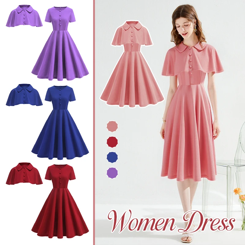 

Retro Short Sleeve Dress Elegant Pure Color Pocket Swing Skirt Cross-Border Women's Fashion A-Line Skirt High Waist Slimming