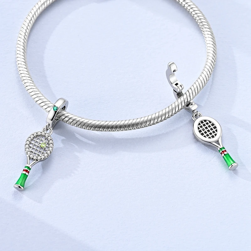 New 925 Sterling Silver Green Tennis Racket Charms Beads CZ Zircon Dangle Fit 3mm Original Bracelet DIY Women Jewelry
