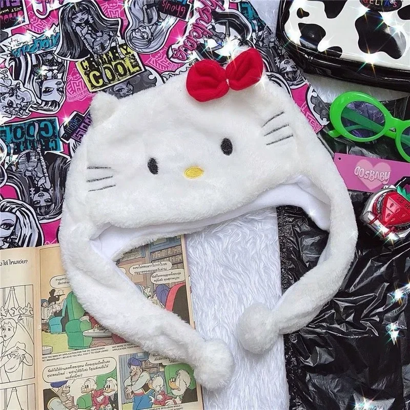 Hello Kitty Plush Hat Cartoon Cute Sweet Soft Girl Autumn Winter Warm Female Three-dimensional Hat Student Kawaii Accessories