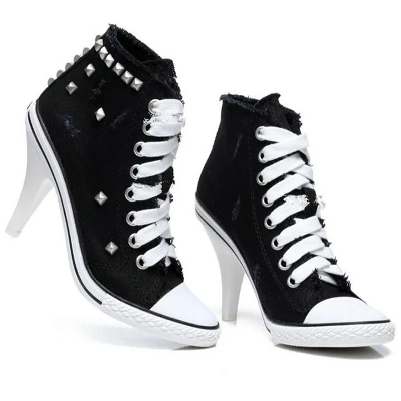 Pop Women Canvas Shoes Denim High Heels Rivets Shoes Nice Shoe Spring Sneakers Women\'s Pumps Black Blue Autumn Pop Nice