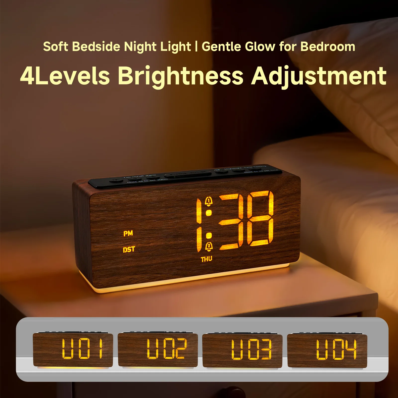 Wooden Digital Led Alarm Clock Bedside Clock With Adjustable Brightness Nightlight Nooze Function, Decor Desk Clock For Bedroom