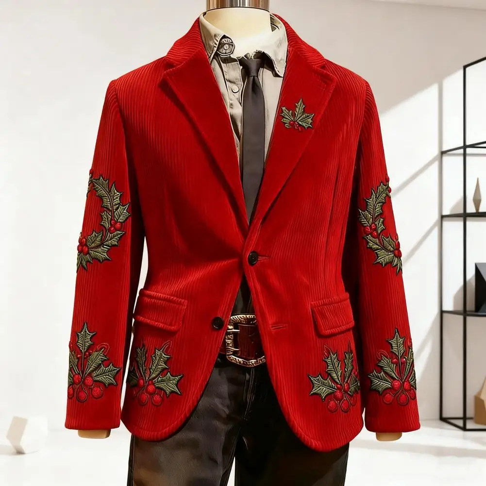 Hot Stamping Luxurious Corduroy Suit Coat Single-Breasted Suit Jacket Lapel 3D Christmas Themed Print Suit Jacket Formal Wear