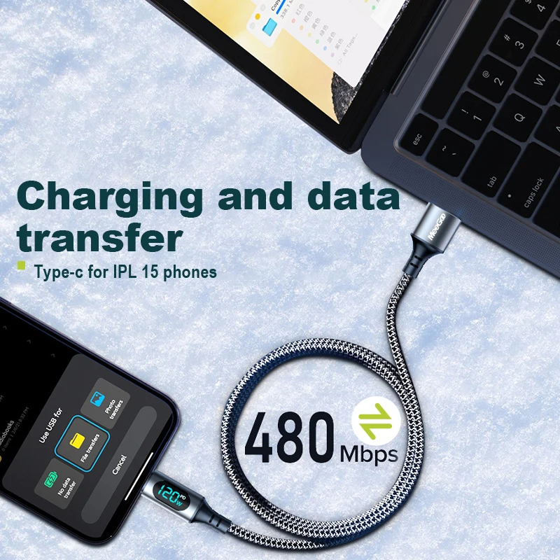 MeeGoo 6A 120W USB A to Type C Super Fast Charging Cable With Led Digital Display for Xiaomi Redmi POCO Samsung Nylon Braided