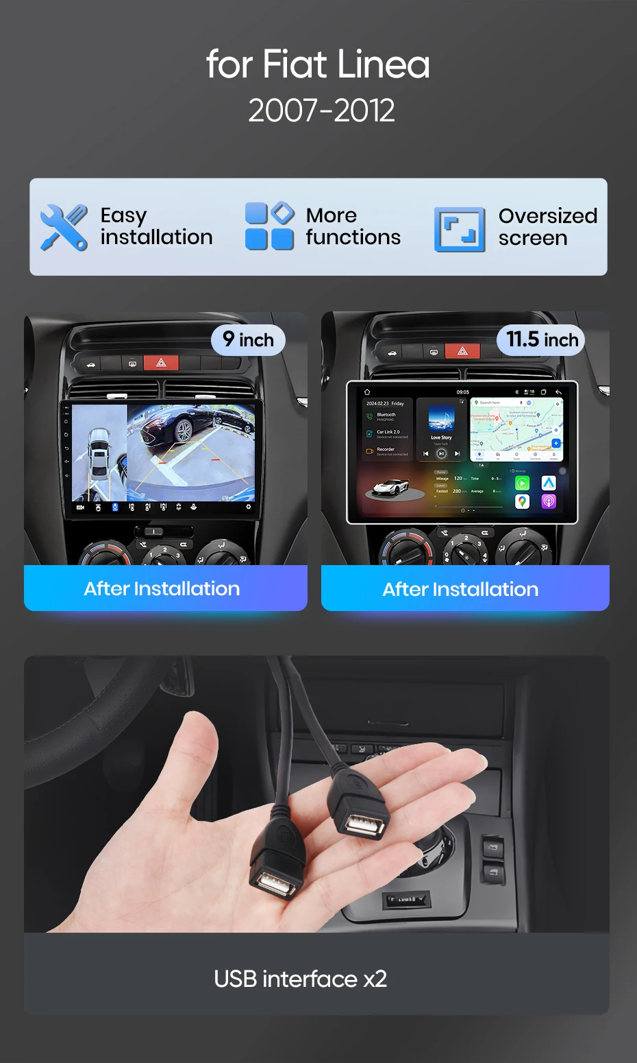 Junsun Android Auto Autoradio für Fiat Linea 2007 2008 2009 2010 2011 2012 Multimedia Wireless Apple CarPlay Intelligente Systeme IPS Touchscreen Stereo-Videoplayer 2 Din Autoradio Head Unit Navigation BT GPS 4G WIFI FM AM DSP RDS SWC – Detail 2