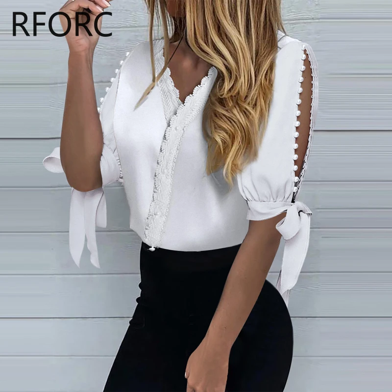 2023 Women Half Long Sleeves Lace Hem Beading Decoration Hollow Out White Blouse Shirt Top