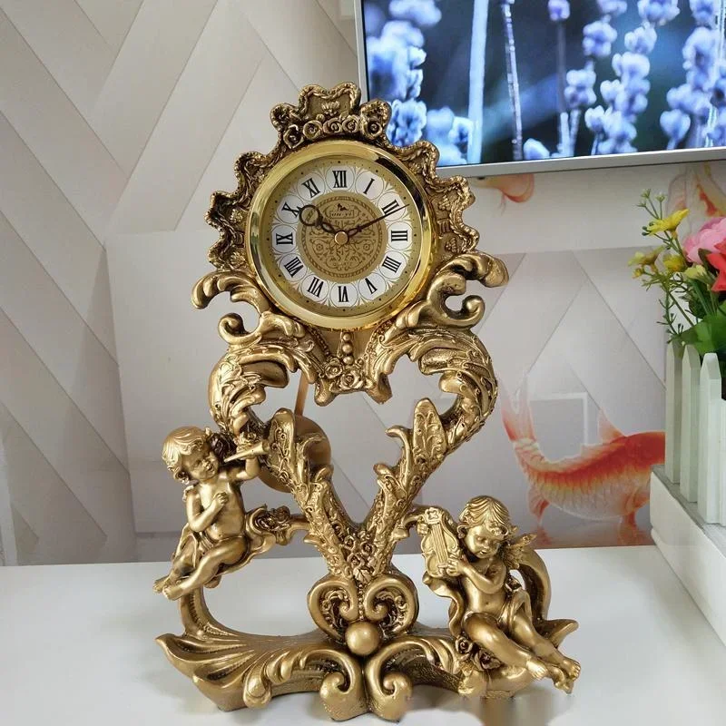 European Luxury Table Clock Antique Bronze Angel Desk Clocks Roman Column Pendulum Clock Study Attracting Wealth Retro Decor