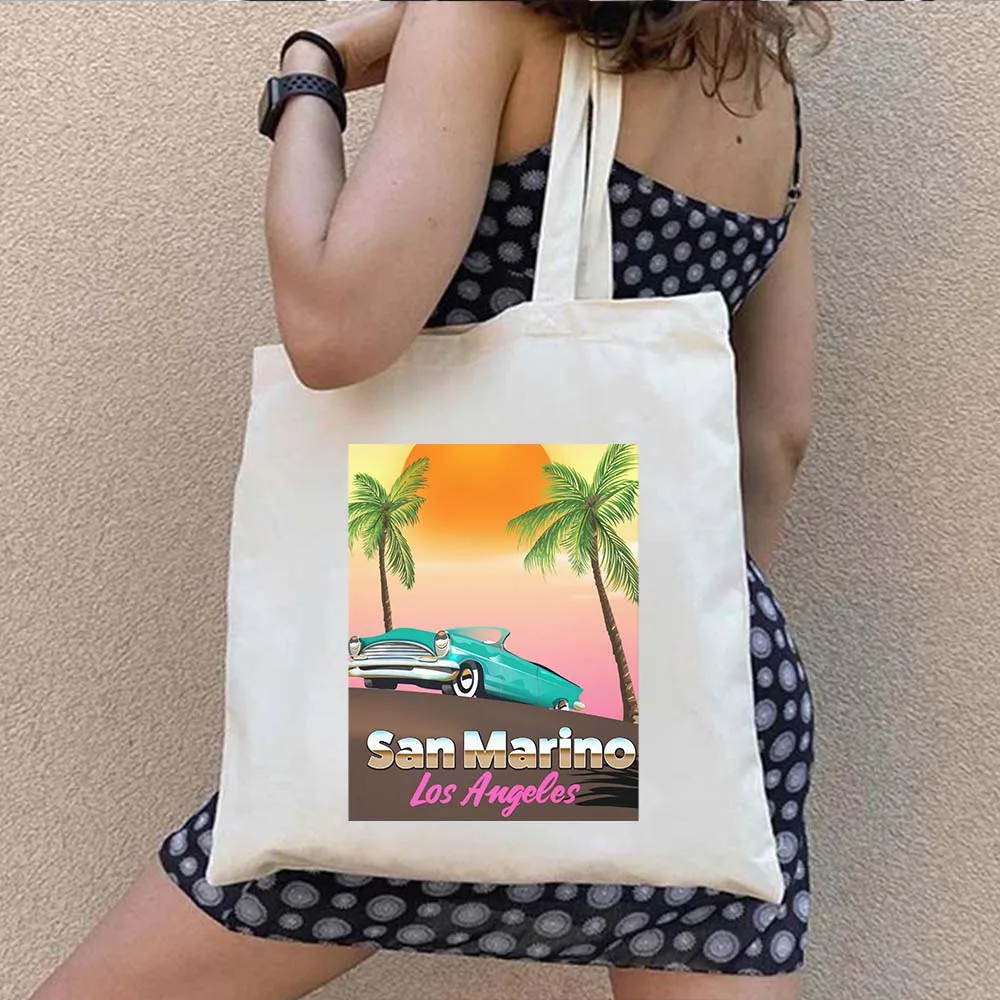 Europe San Marino Map Shield Flag Love Heart Summer Beach Travel City Shopper Harajuku Canvas Tote Bag Cotton Eco Shopping Handb