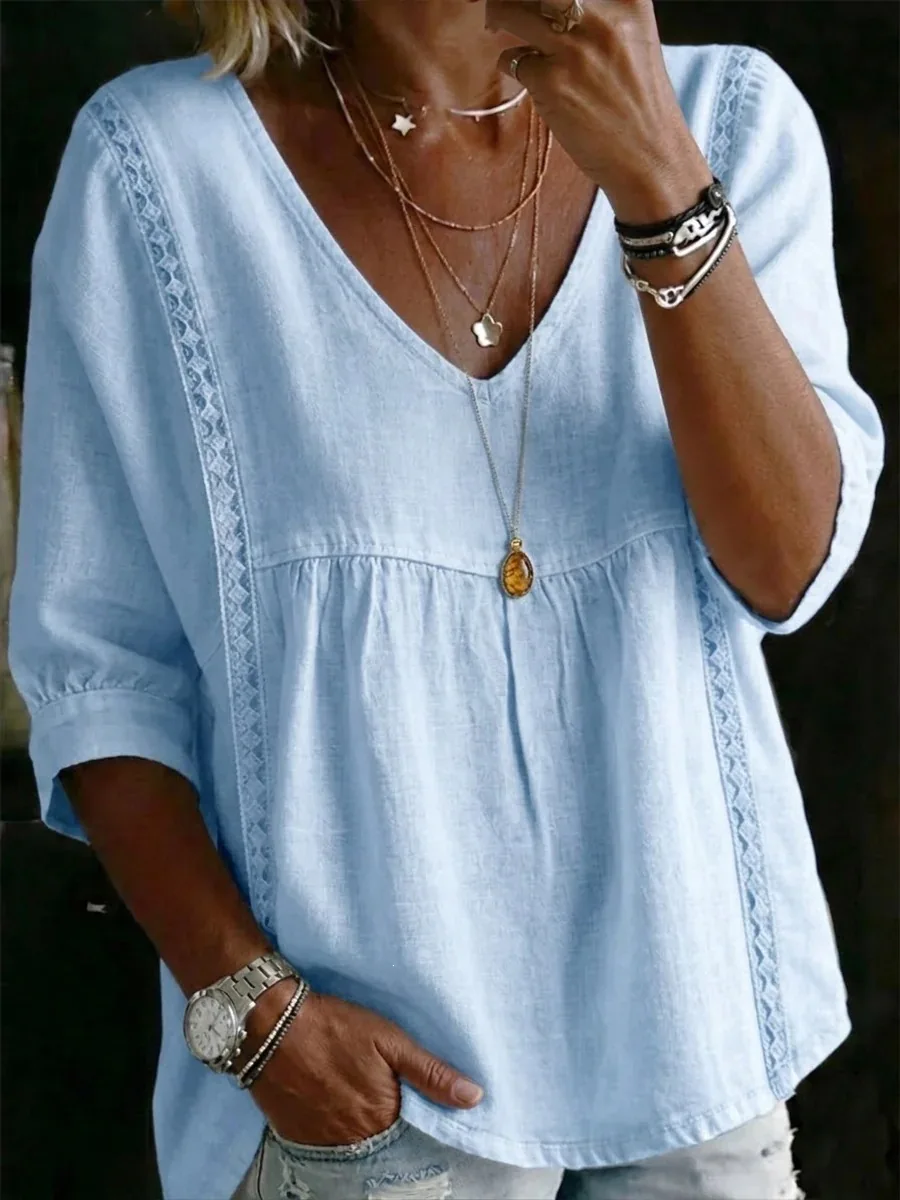 Women Lace V-neck Pullover Solid Color Casual Seven Quarter Sleeved Top T Shirt Shirts Top Tops