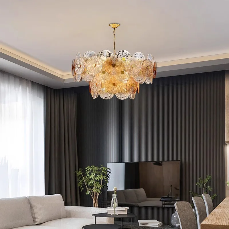 Modern Gold Round Glass Chandelier with Luxury Ceiling Decoration for Bedroom, Dining Room, Adjustable, Customizable