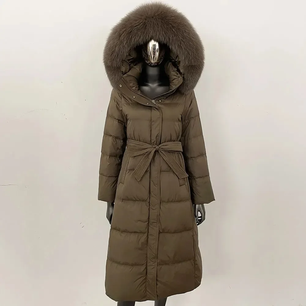 เสื้อโค้ทขนเป็ดสีขาวแบบมีฮู้ด แต่งปกขนสุนัขจิ้งจอกแท้ อุ่นสบายสำหรับผู้หญิง เสื้อแจ็คเก็ตพัฟเฟอร์ตัวยาวสำหรับฤดูหนาว หนา ขนธรรมชาติ กันน้ำ