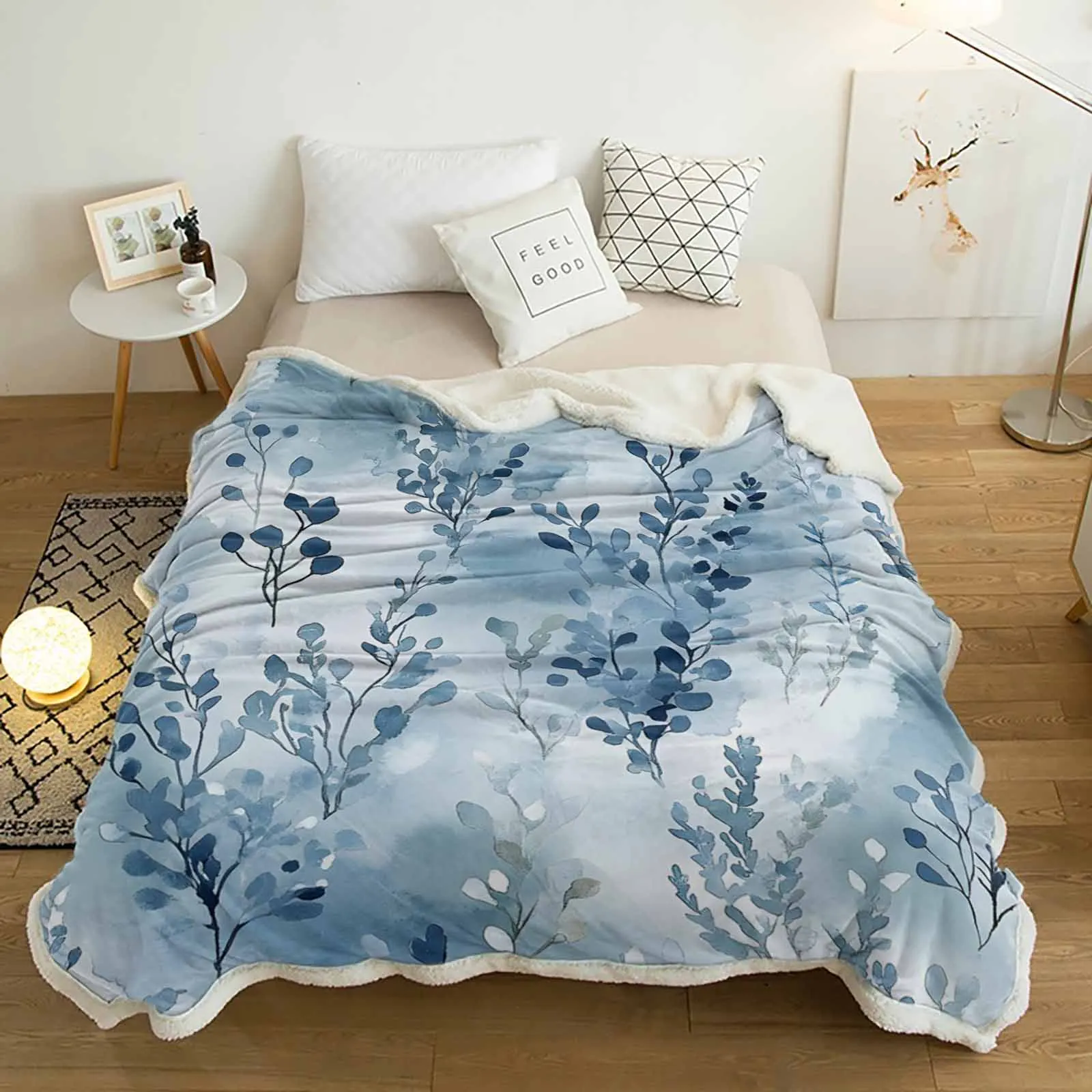 

Blue Watercolor Plant Cashmere Blanket Warm Winter Soft Throw Blankets for Beds Sofa Wool Blanket Bedspread