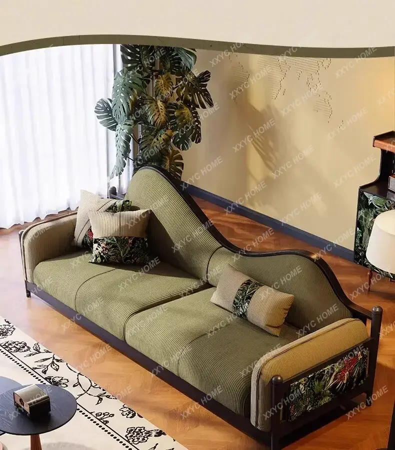 

M32 Medieval style living room three-person fabric sofa retro corduroy solid wood sofa
