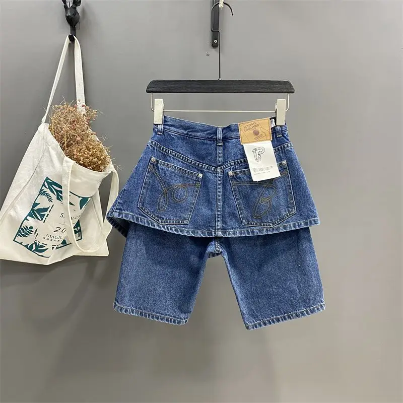 High waisted design five point denim, women's straight tube, summer loose fitting, casual, fashionable shorts, and shorts