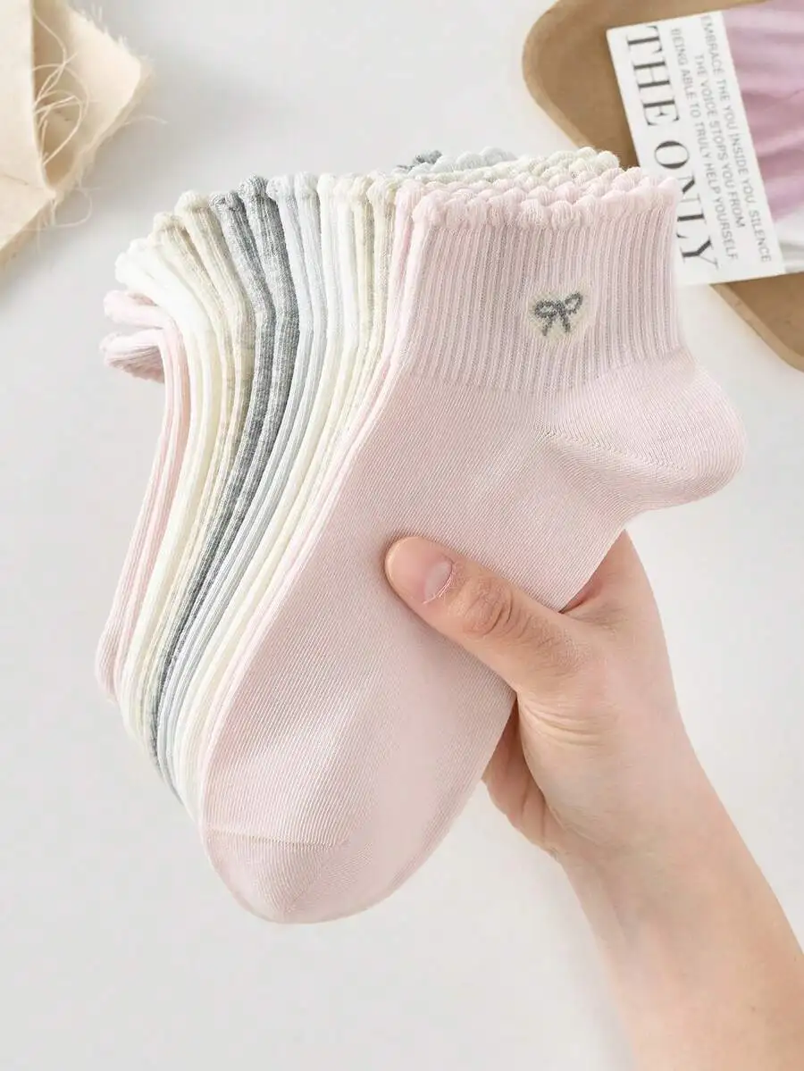 

5 Pairs Women Cute Sweet Breathable Heart & Bow Pattern Ankle Socks, Invisible Boat Socks, White Socks, Pink Socks