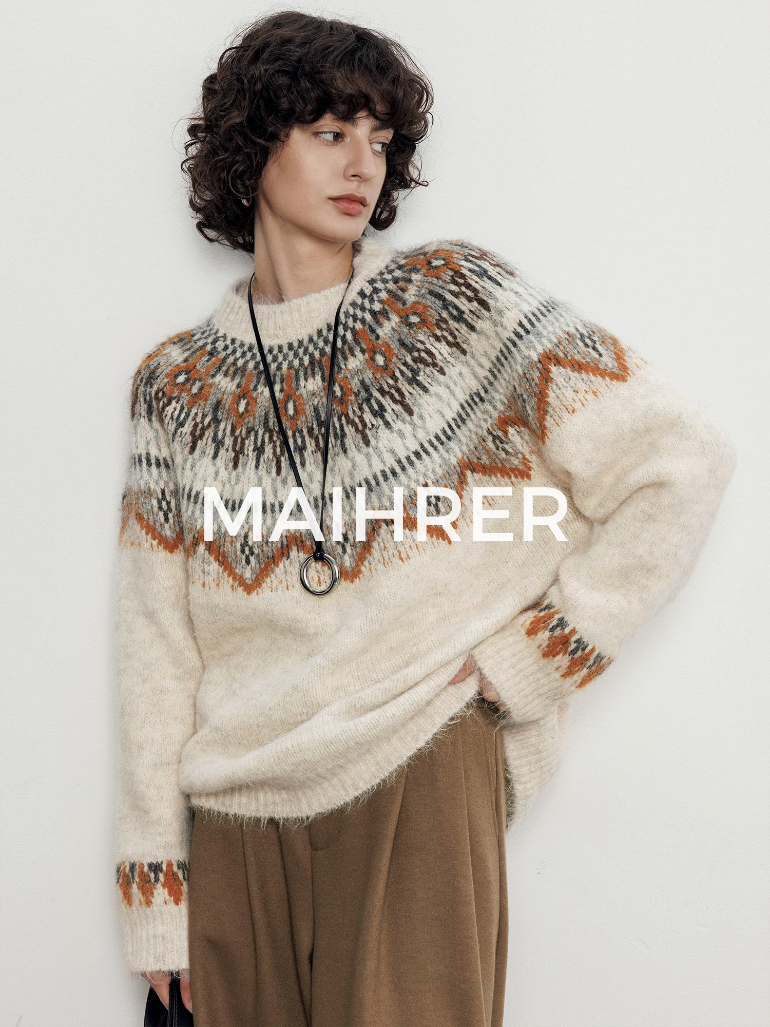 

Винтажный шерстяной свитер Maiherer с узором Fair Isle, круглый вырез, женский, свободный, мягкий, вязаный топ, повседневный, из полиэфирного волокна, теплый, зимний