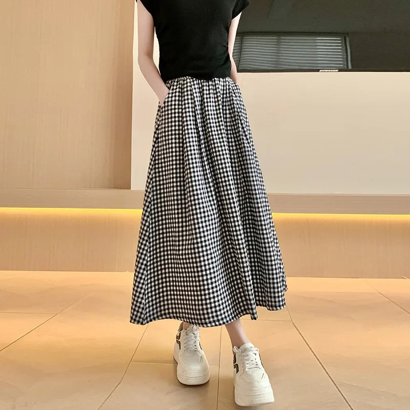 2024 New Black White Lattice Women A-line Skirt High Waist Slim Summer Pocket Long Skirts Cute Sweet Girls Skirt Girls Clothing