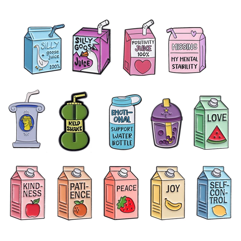 Nette Fruchtsaft Emaille Pins Cartoon Boba Milch Tee Dumme Gans Trinken Box Broschen Revers Abzeichen Lustige Schmuck Geschenke Zubehör