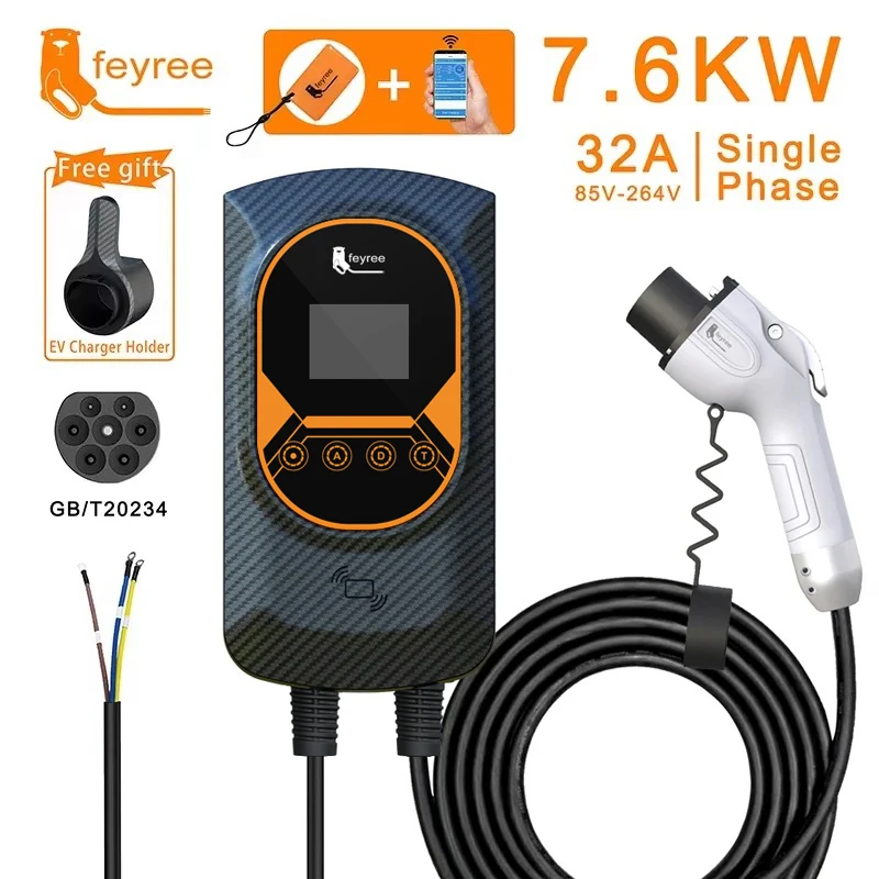 feyree EV Charger GB/T Socket EVSE Wallbox 32A 22KW 3Phase 16A 11KW Electric Vehicle APP Control Charging Station 7.6KW 5m Cable