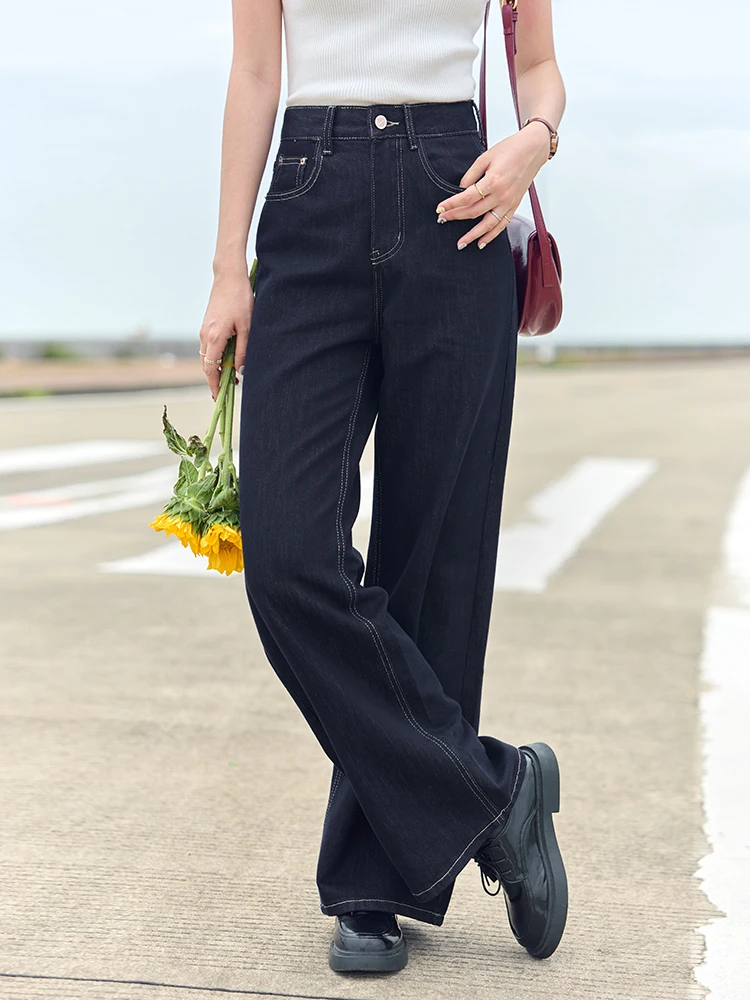 

Джинсы женские прямые с высокой талией, цвет темно-синий, винтажные, в американском стиле, для осени, уличный стиль, узкие, длинные, широкие штанины
