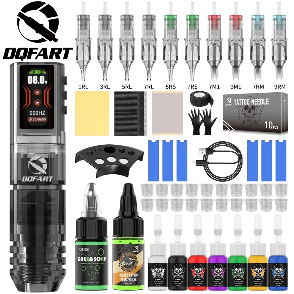 DQFART P2 Set Electric Wireless Tattoo Machine Beginner Tattoo Artists Supplies Accessories Tattoo Ink Tattoo Needles Green Soap