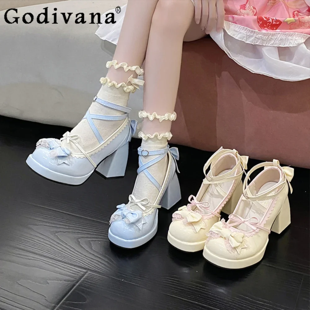 Sweet Cute High Heeled Waterproof Table Lolita Women's Shoe Bow Japanese Leather Shoes Elegant High Heels Women