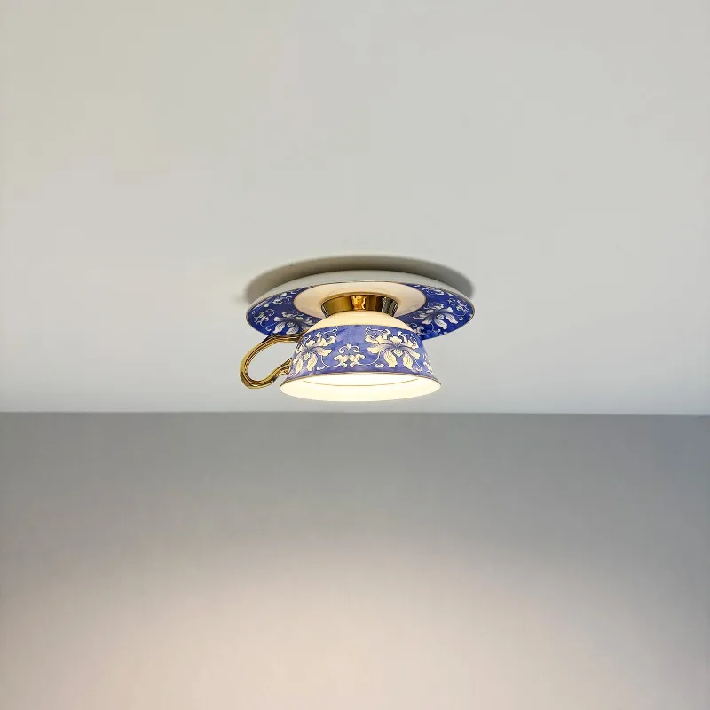 New Chinese Blue Porcelain Embedded Cup Spotlight Cafe Dessert Shop Tea Room Entryway LED Home Decor Ceiling Lamp Fixture