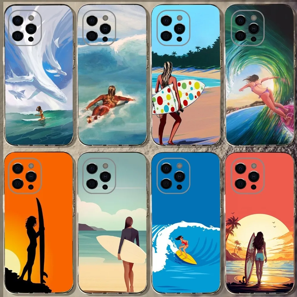 Surfboard  Art Surf Girl  Phone Case For iPhone 15,14,13,12,11 Plus,Pro,Max,XR,XS,X,7,8 Plus,SE,Mini Transparent Soft Cover