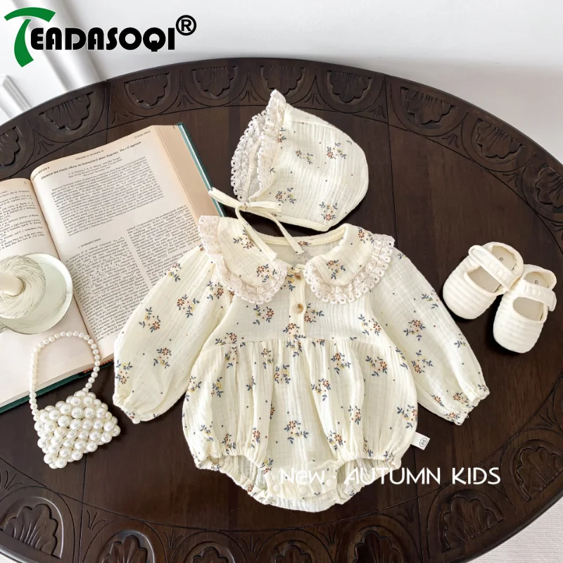 

0-2Y Autumn Children Clothes Infant Floral Print Lace Lotus Collar Long Sleeves Bodysuit Newborn Baby Cotton Onesie+Lacing Cap