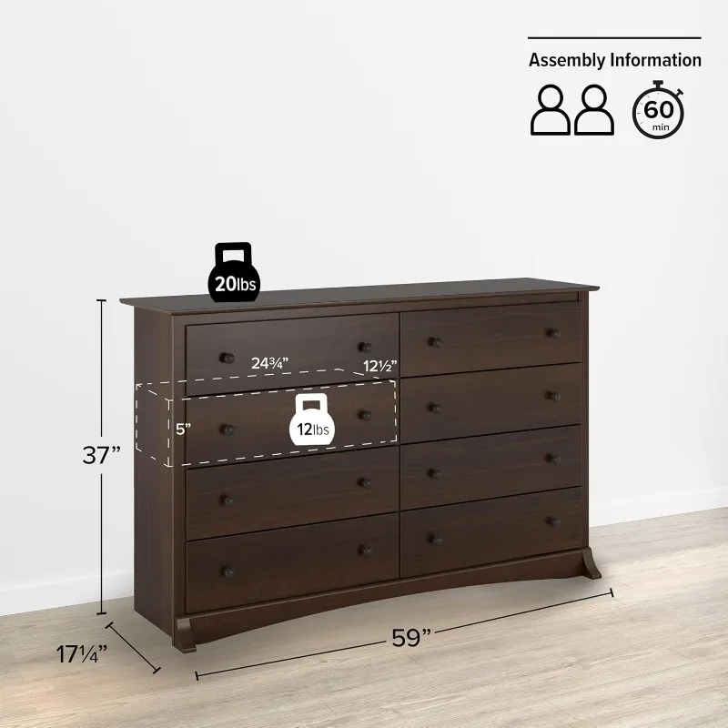 Cassettiera doppia a 8 cassetti per camera da letto, cassettiera ampia, mobili per camera da letto, riporre e organizzare i vestiti, 17.2