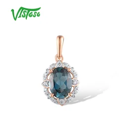VISTOSO Pure 14K 585 Rose Gold Pendant For Lady Sparkling Diamond London Blue Topaz Delicate Wedding Anniversary Fine Jewelry