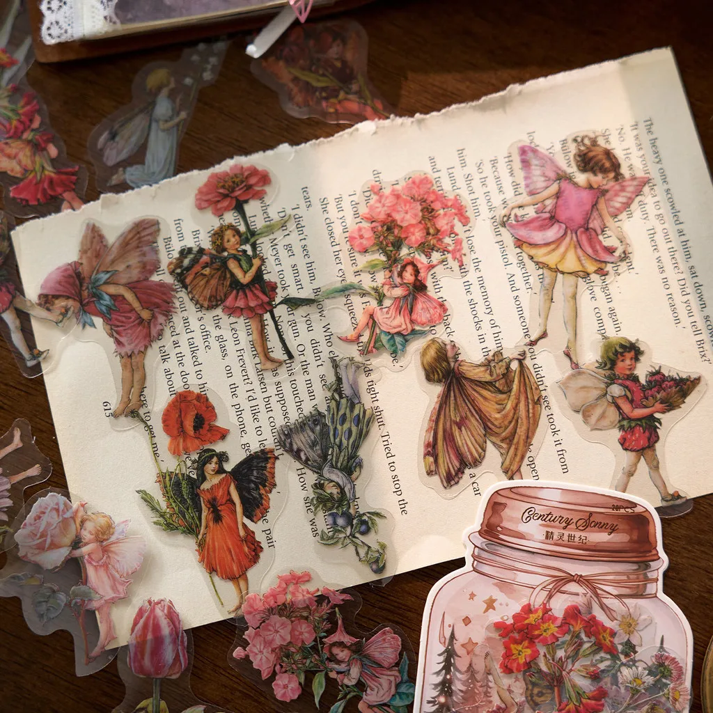 20pcs/pack Fairy Stickers Flowers PET Stickers Collage Junk Journal DIY Scrapbooking Materials Planner Decor Sticker Stationery