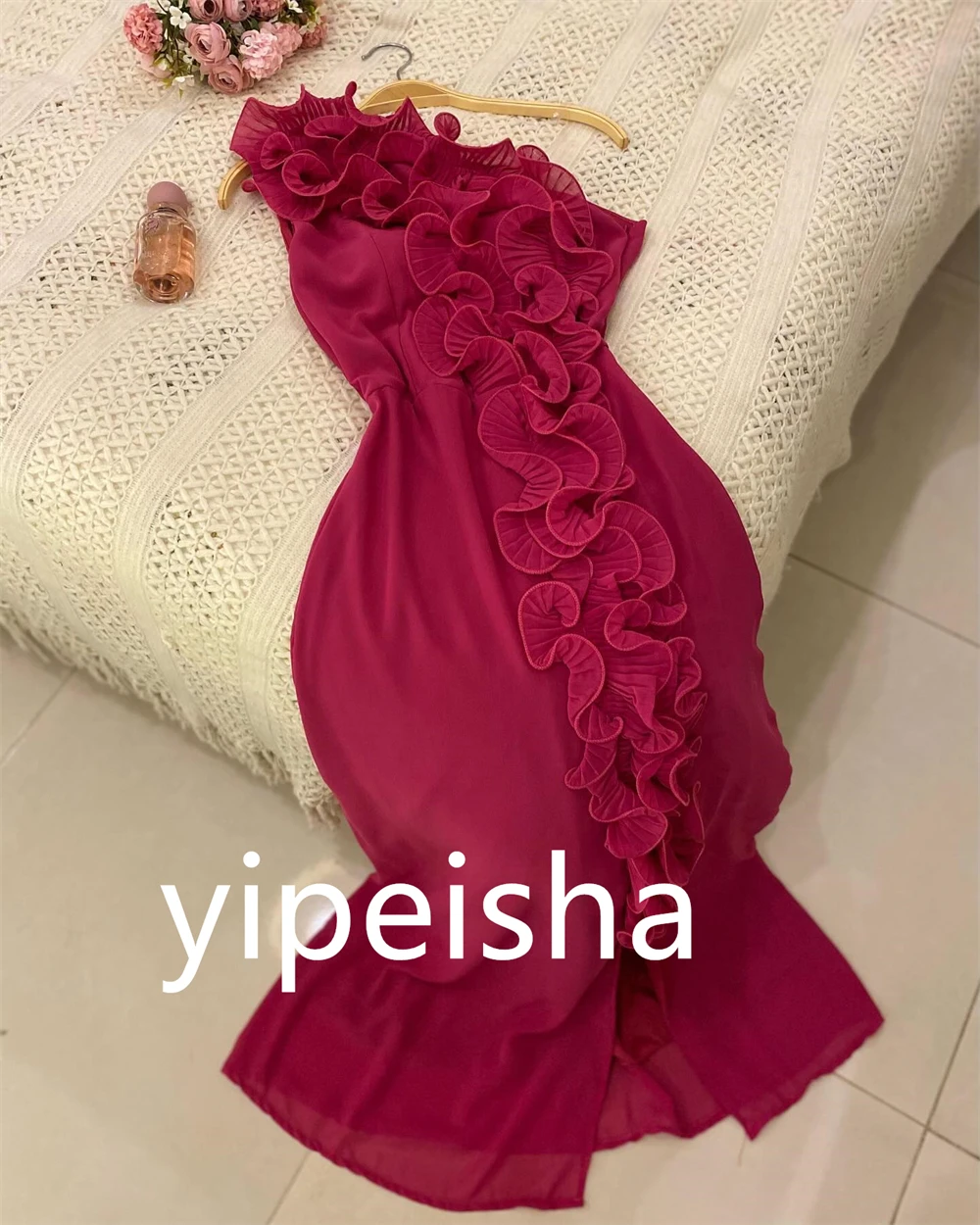 Fashion High Quality One-shoulder A-line Quinceanera Dress Knot Anke length Skirts Chiffon Evening  robes de soirée