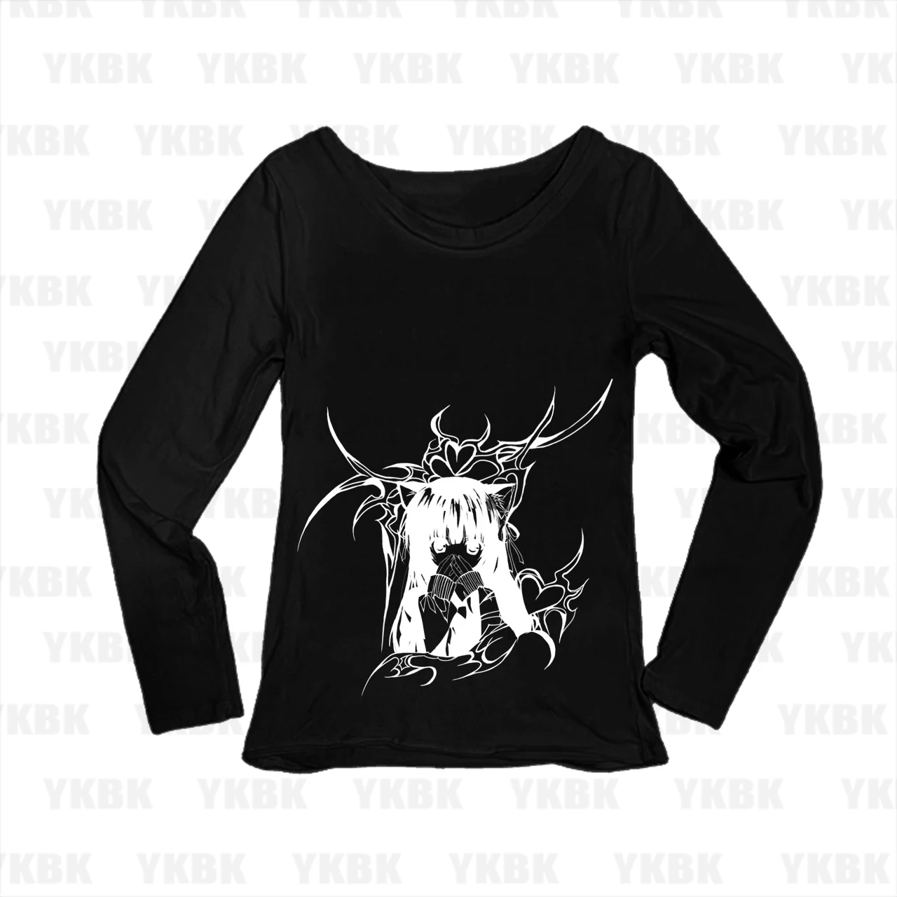 Neko Girl Tribal Heart Flame Anime Graphic Print Women Long Sleeve T‑Shirt Slim Fit Harajuku Ladies Tops