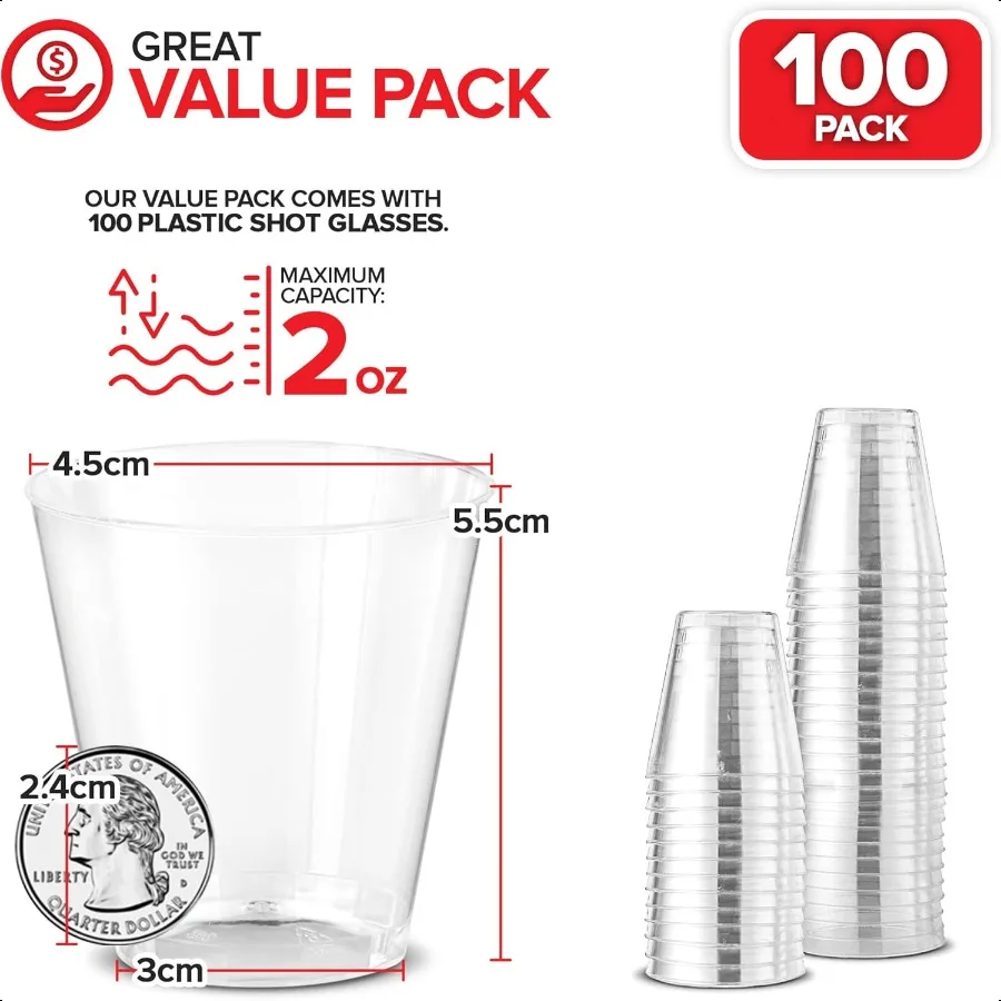 2 أوقية كؤوس لقطة 100 كؤوس بلاستيكية صغيرة 2 أوقية أكواب شفافة للاستعمال مرة واحدة لقطات الجيلو تذوق النبيذ الخمور ويسكي بودنغ S