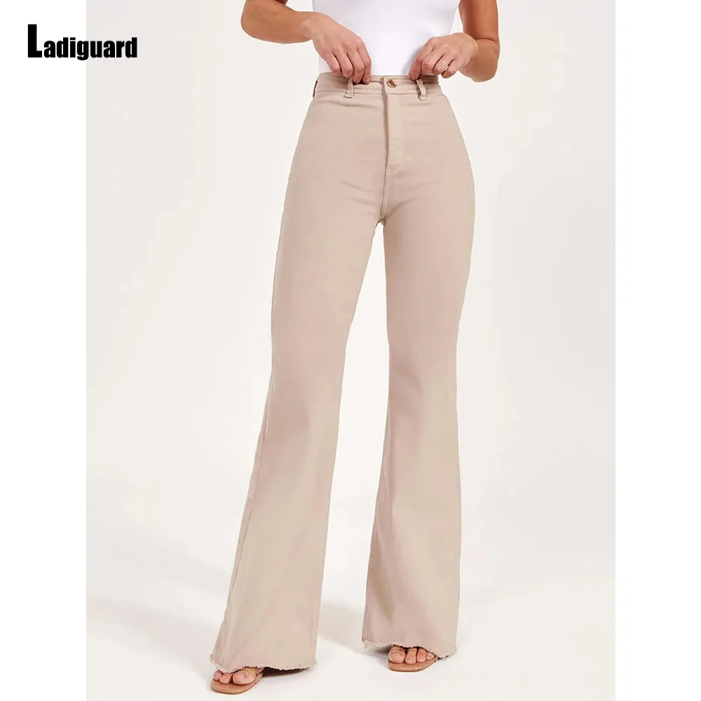 

Ladiguard Solid Apricot Boot Cut Pants Girls Streetwear 2023 Spring Autumn Flare Jeans Women High Cut Fashion Demin Trousers