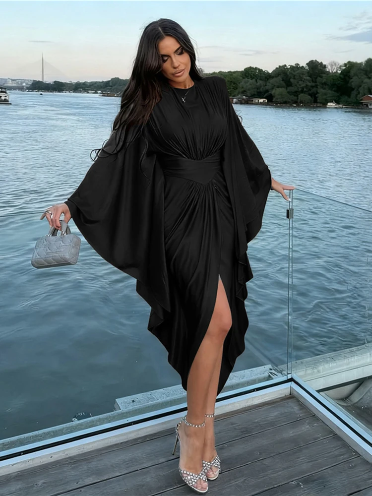 Weird Puss Classic Flare Sleeve Dress Women Patchwork O-Neck Irregular Hem Sexy Elegant Simple Skinny Evening Prom Party Bodycon