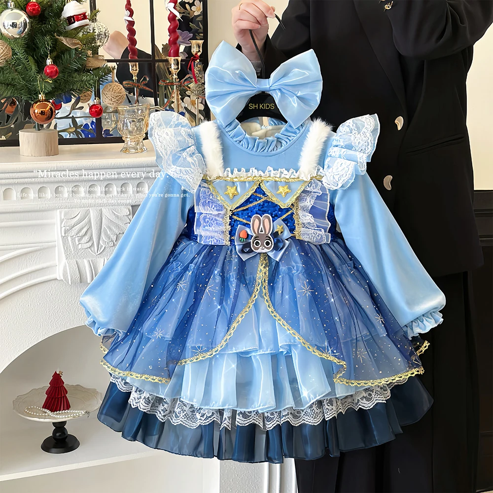 

Теплое зимнее платье для девочек Judy Rabbit Officer, нарядное платье принцессы с мультяшным принтом, пышное платье для маленьких девочек на день рождения.