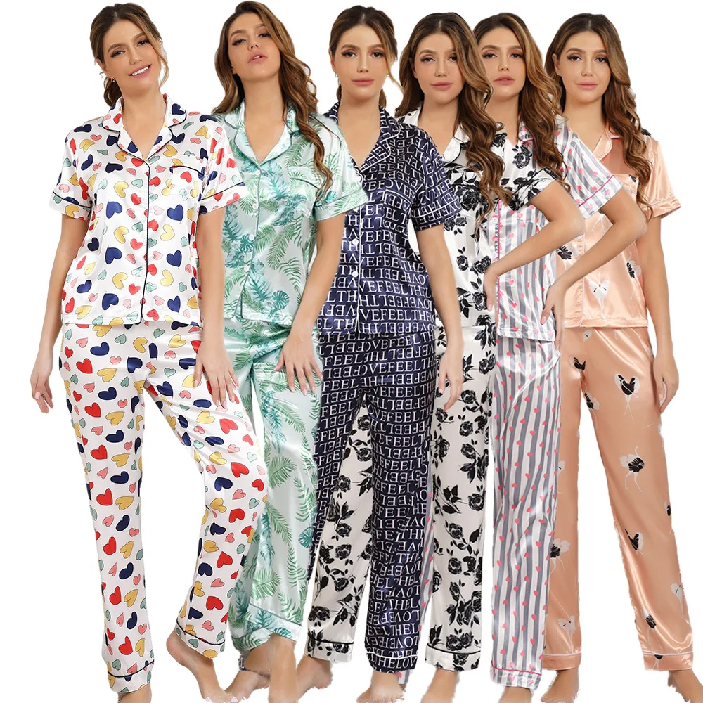 Abbigliamento da casa colorato Pantaloni da donna a maniche corte in seta imitazione da donna Pigiama Abiti estivi con aria condizionata