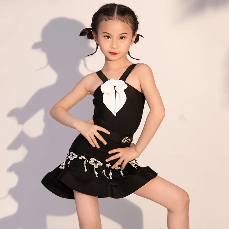 

Children Latin Dance Dress For Girls Black Sling Tops Split Skirts Suit Kids Ballroom Rumba Latin Performance Costumes DN15045