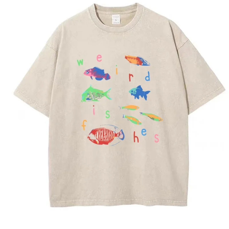 Weird Fishes Graphic Tee Men Women Casual Funny Fish T-Shirt Retro Washed Short Sleeve Round Neck T Shirt Oversized Streetwear