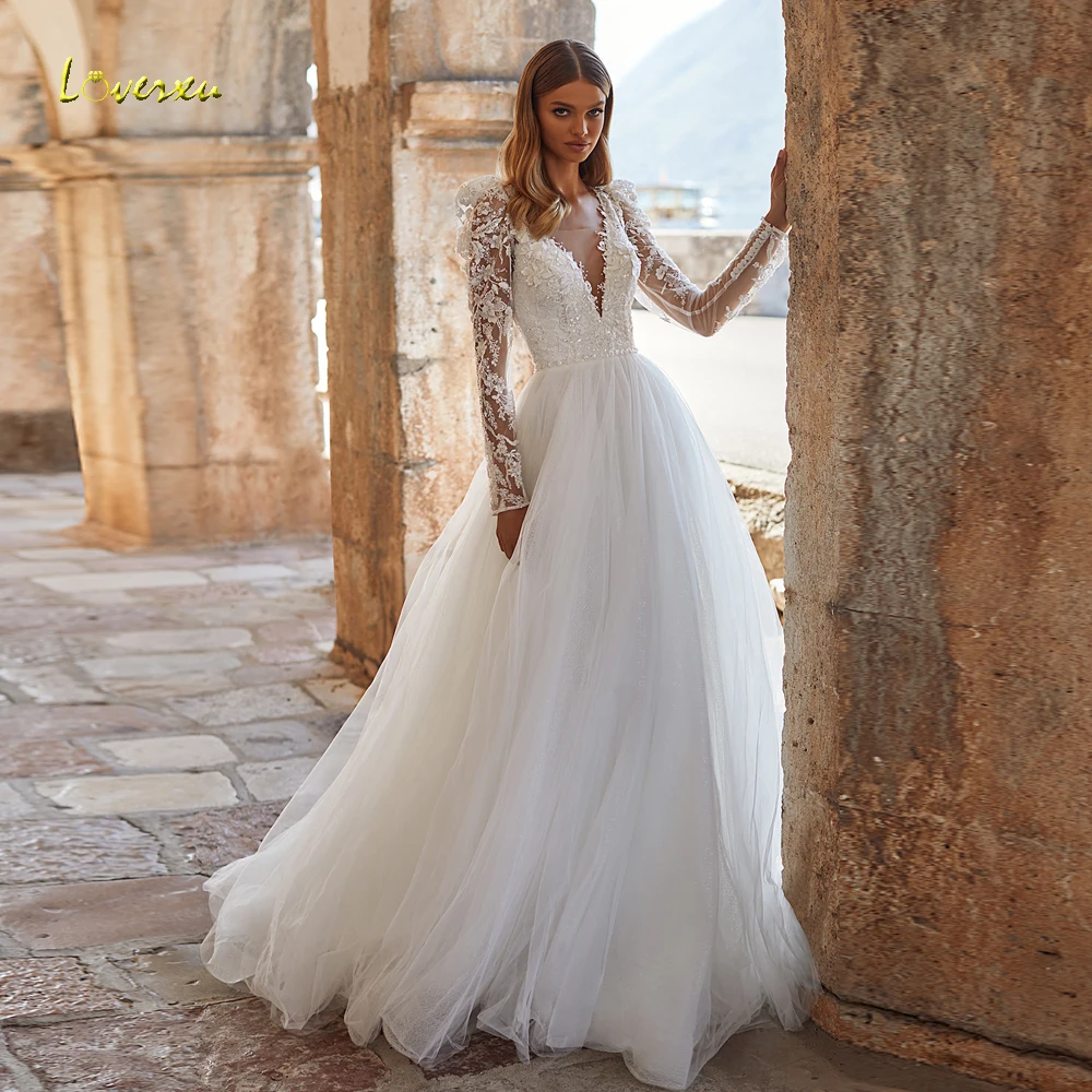 

Loverxu A-Line Elegant Wedding Dresses 2024 V-Neck Long Sleeve Vestido De Novia Lace Beaded Illusion Chic Robe De Mariee