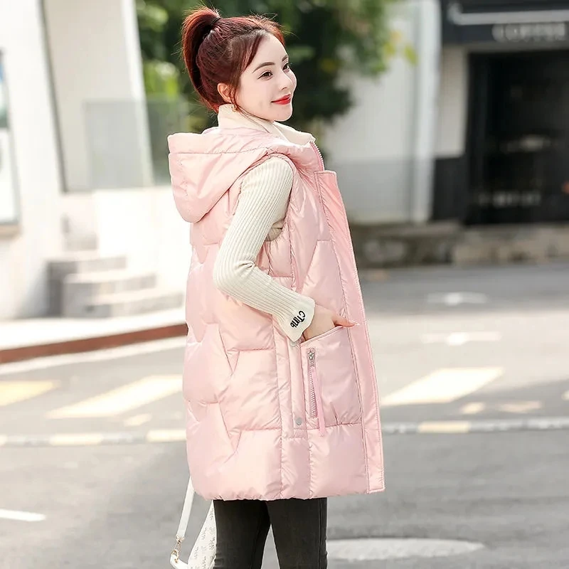 Fashion Long Pink Vest Women\'s Mid-Length 2023 Autumn Winter New Loose Down Cotton Waistcoat Hooded Outwear Vest Jacket Ladies