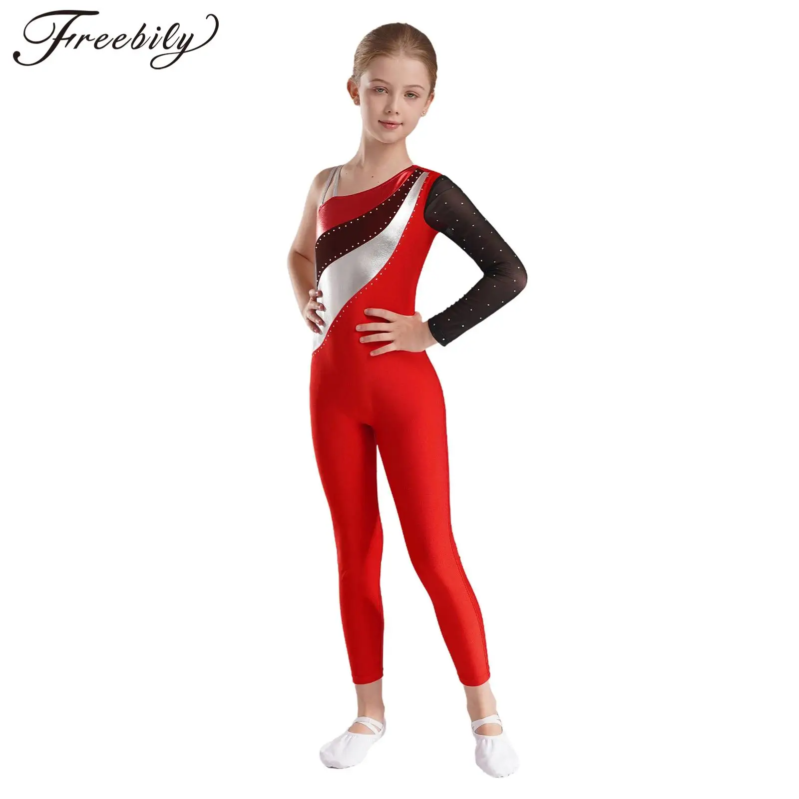 

Kids Girls Gymnastics Jumpsuit One Shoulder Long Sleeve Metallic Patchwork Children Figure Skating Bodysuit Teens Dance Leotards