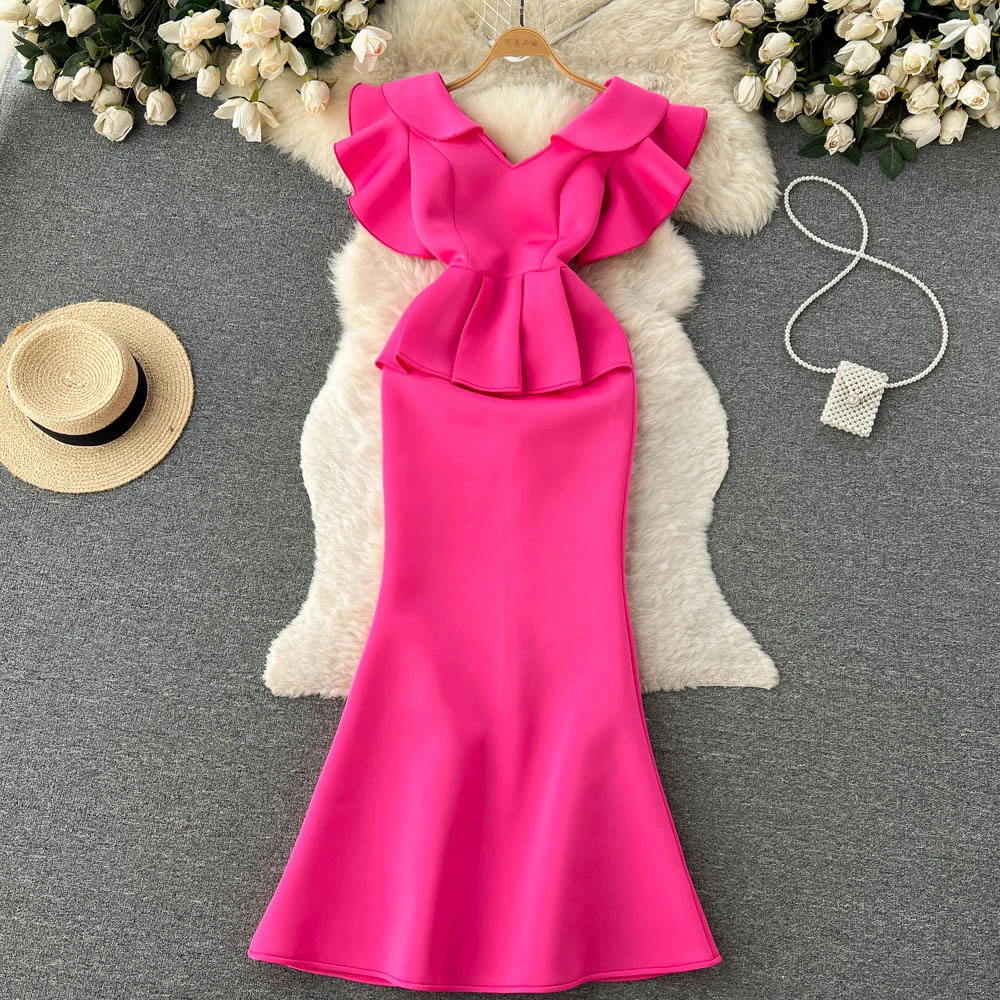 

Spring Summer V-neck Ruffle Short Sleeve Fishtail Maxi Dress Women's Korean Party Elegant Vestidos Femininos Frete Grátis H940