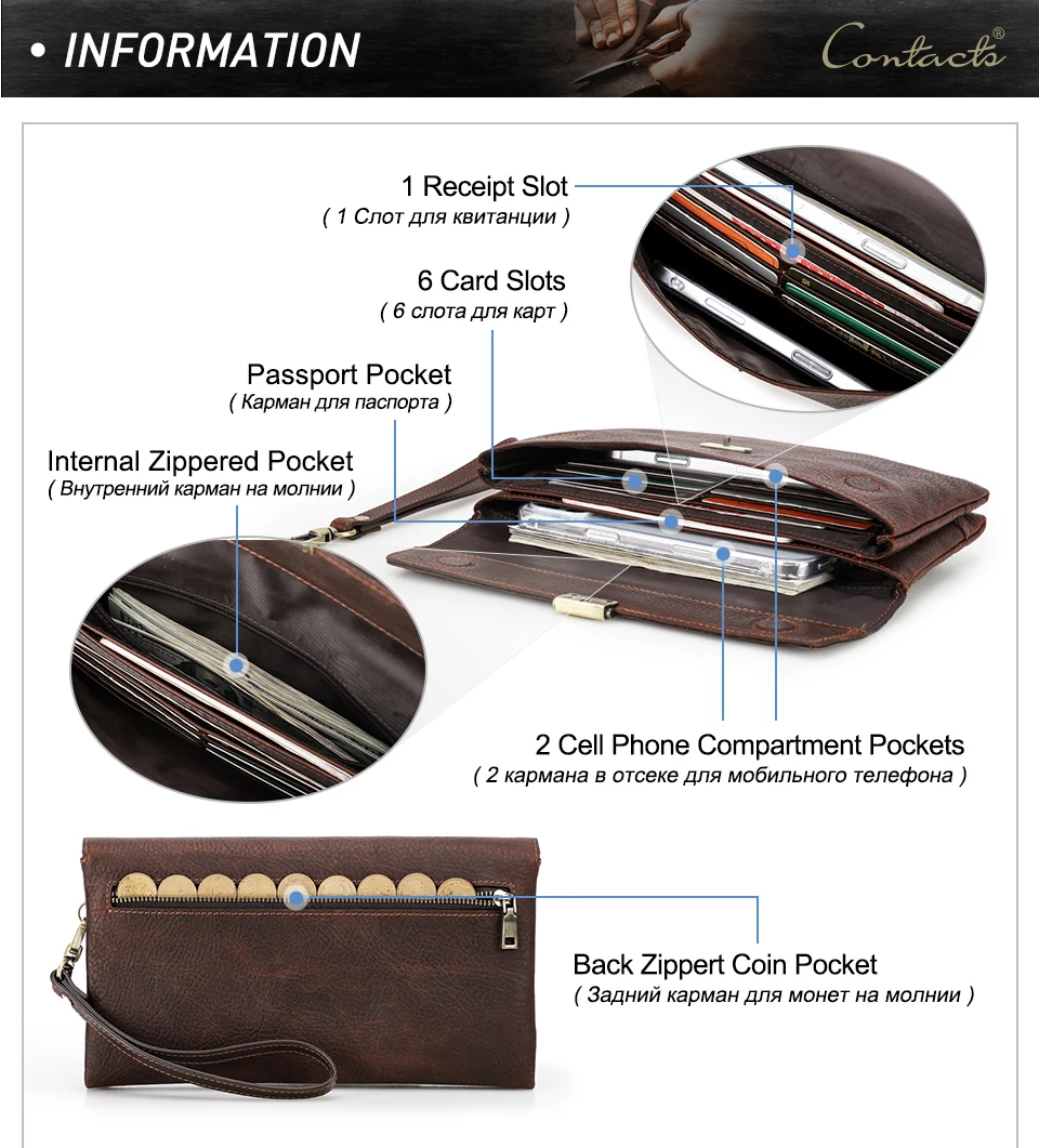 CONTACT'S Handgefertigte Vollnarbenleder-Clutch-Tasche mit RFID-Schutz, Handgelenktasche, Große Kapazität, Herren-Reißverschlusstasche für Business – Detail 7
