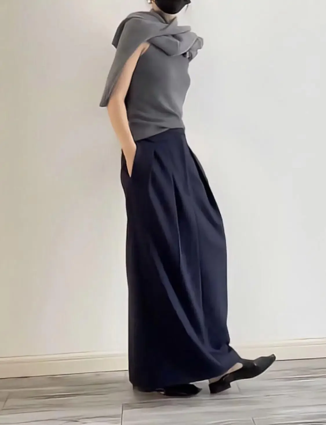 Autumn and Winter New American Style Minimalist Retro High Waist Pleated Commuter Wool Long Ankle Skirt