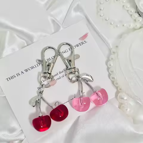 Crystal Cherry Keychain Pearl Bow Silver Heart Pendant Key Ring Fashion Simulated Fruit Car Keyring Bag Ornament Decor Gift