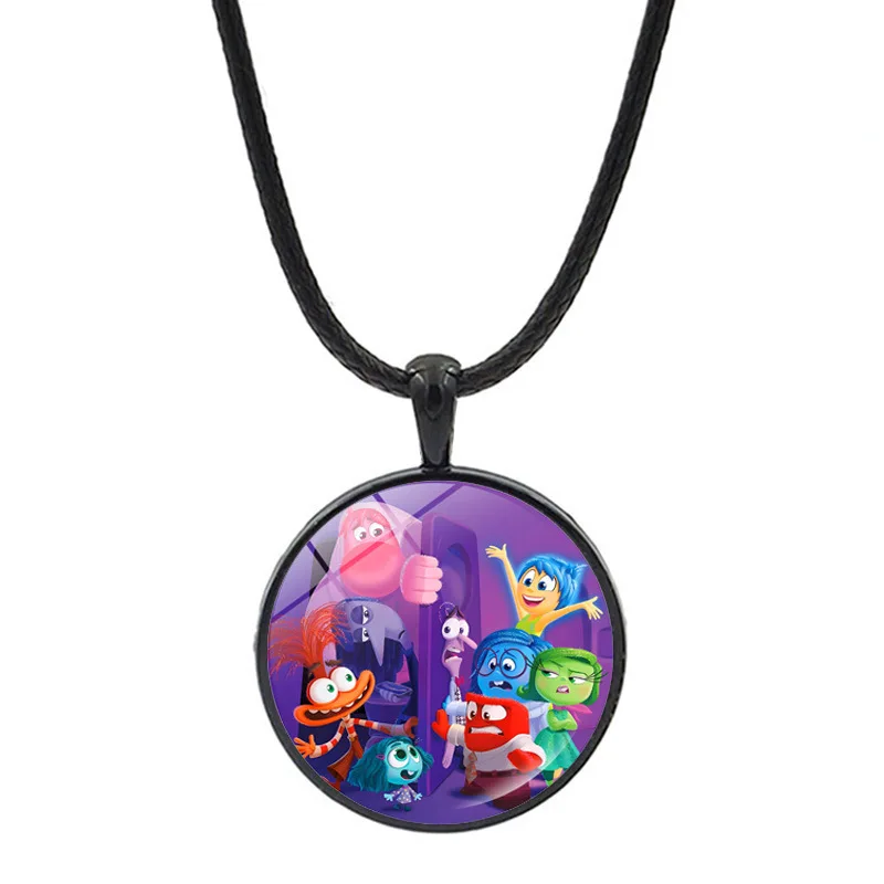 Disney Inside Out kalung tali hitam animasi, Aksesori liontin kaca kecil perhiasan wanita kartun Sweater rantai