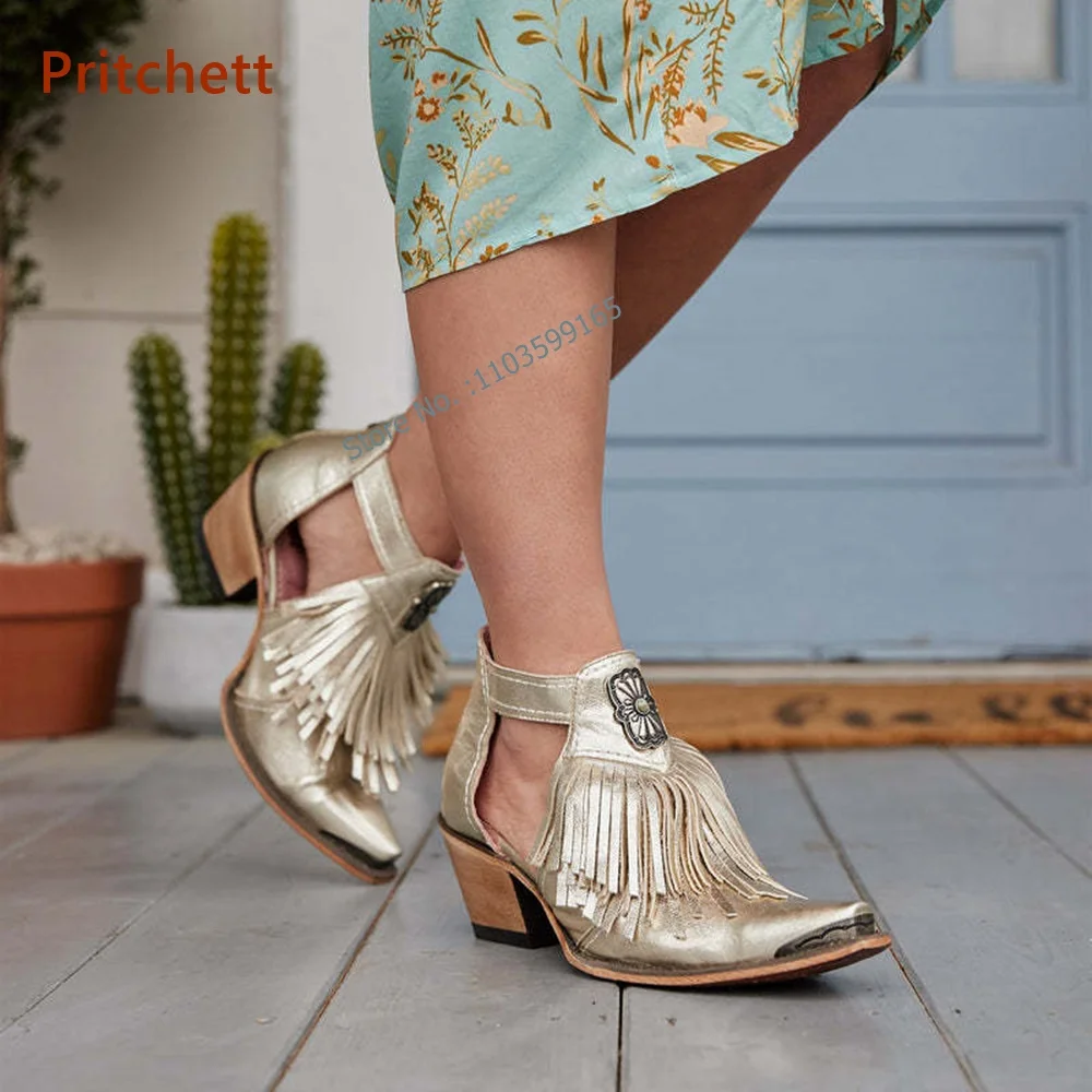 

Pointy Toe Gladiator Pumps Chunky Heels Zipper Metal Decoration Flower Fringe Shoes Summer Hollow Out Zipper Ankle Band Shoes